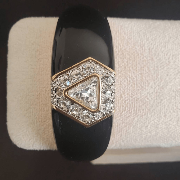 VTG Swarovski Black Enamel Hinged Bangle with Crystals Signed S.A.L.‎ 80's - Picture 5 of 10